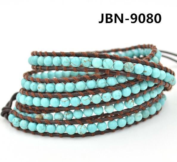 Wholesale blue color turquoise 5 wrap leather bracelet on brown leather