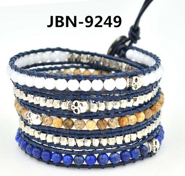 Wholesale blue bead 5 wrap leather bracelet