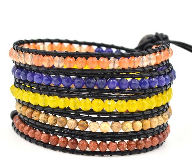 Wholesale blue and orange color carnelian 5 wrap leather bracelet