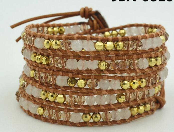 Wholesale white color stone and gold color crystal 5 wrap leather bracelet