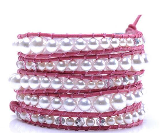 Wholesale white color pearl on pink color leather wrap bracelet