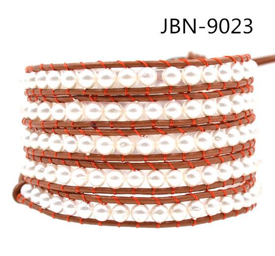 Wholesale white color pearl 5 wrap leather bracelet