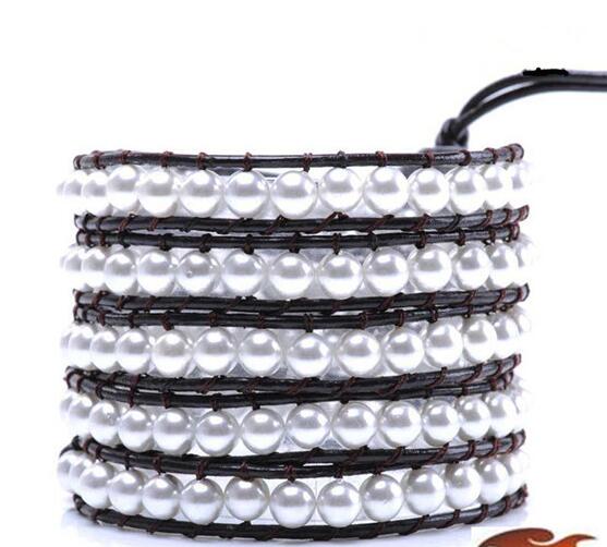 Wholesale white color pearl 5 wrap leather bracelet