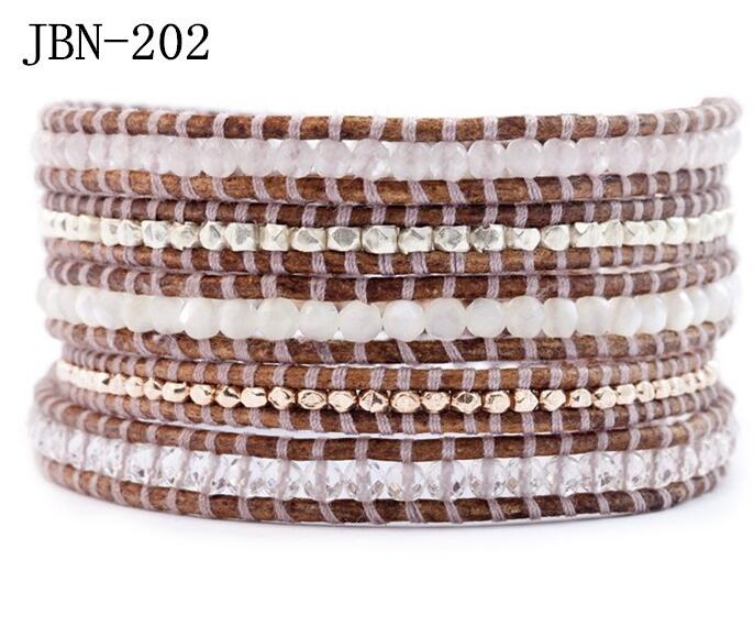 Wholesale white color carnelian and white crystal 5 wrap leather bracelet
