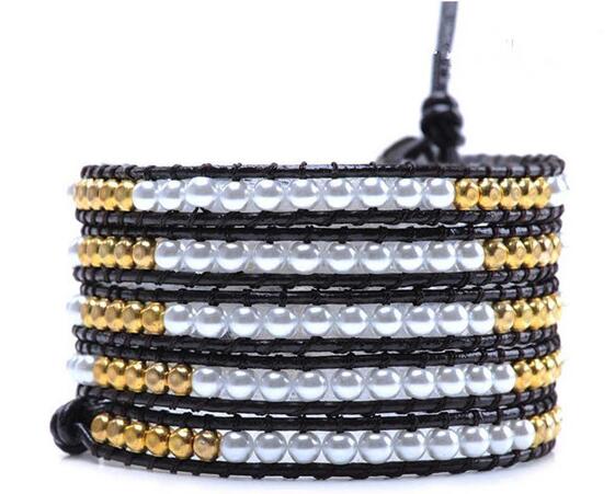 Wholesale silver color bead 5 wrap leather bracelet