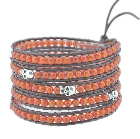 Wholesale red color stone 5 wrap leather bracelet