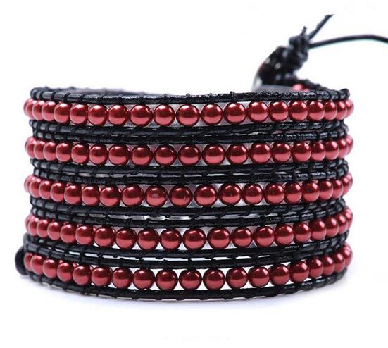 Wholesale red color pearl 5 wrap leather bracelet