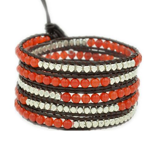 Wholesale red color carnelian 5 wrap leather bracelet