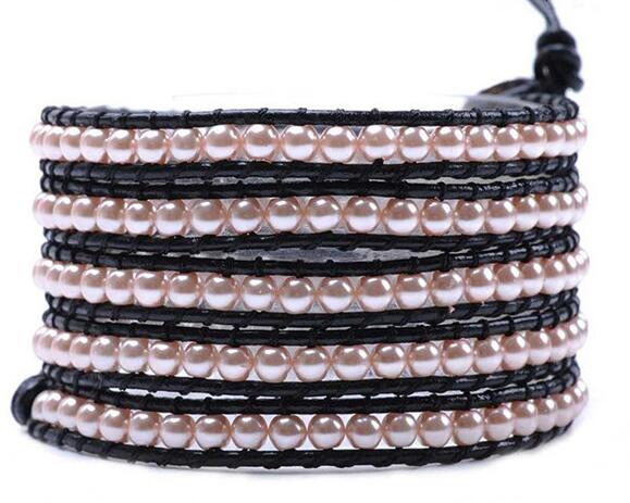Wholesale purple color pearl 5 wrap leather bracelet