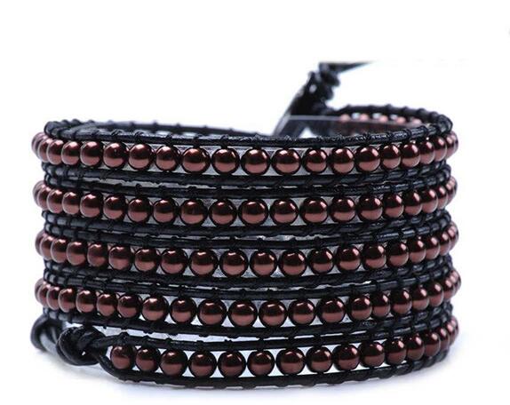 Wholesale purple color pearl 5 wrap leather bracelet 