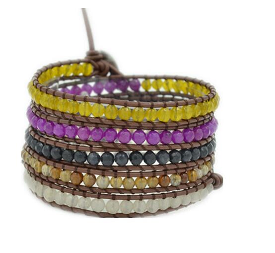Wholesale purple color carnelian 5 wrap leather bracelet 