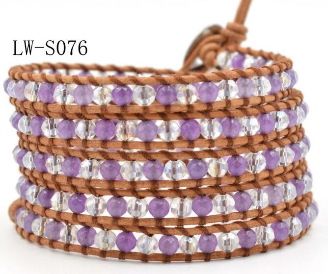 Wholesale purple and white color crystal 5 wrap leather bracelet