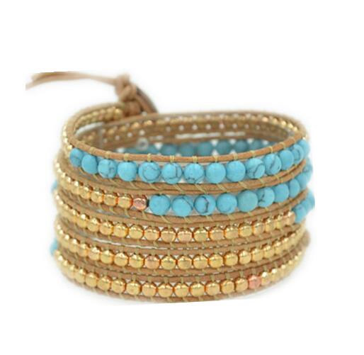 Wholesale plating gold color crystal and blue color turquoise 5 wrap leather bracelet