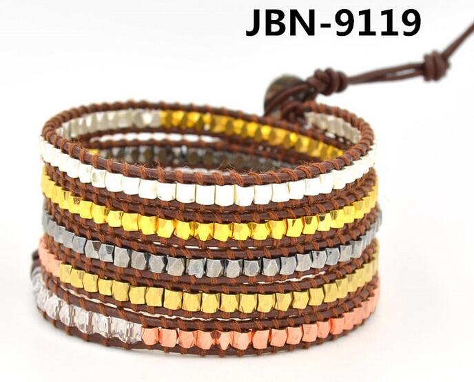 Wholesale plating color crystal 5 wrap leather bracelet