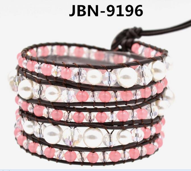 Wholesale pink color and white color pearl 5 wrap leather bracelet