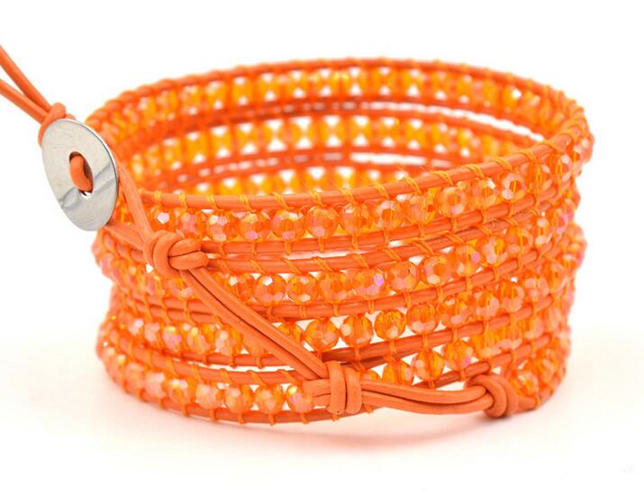 Wholesale orange color crystal 5 wrap leather bracelet 