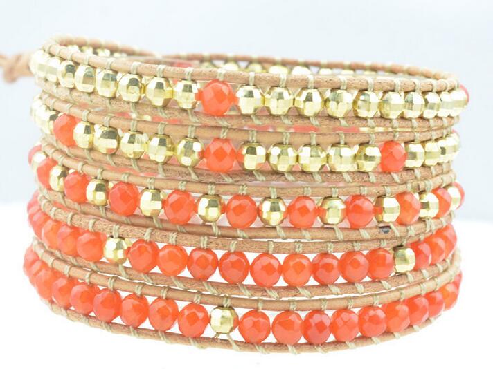Wholesale orange color and gold color crystal 5 wrap leather bracelet
