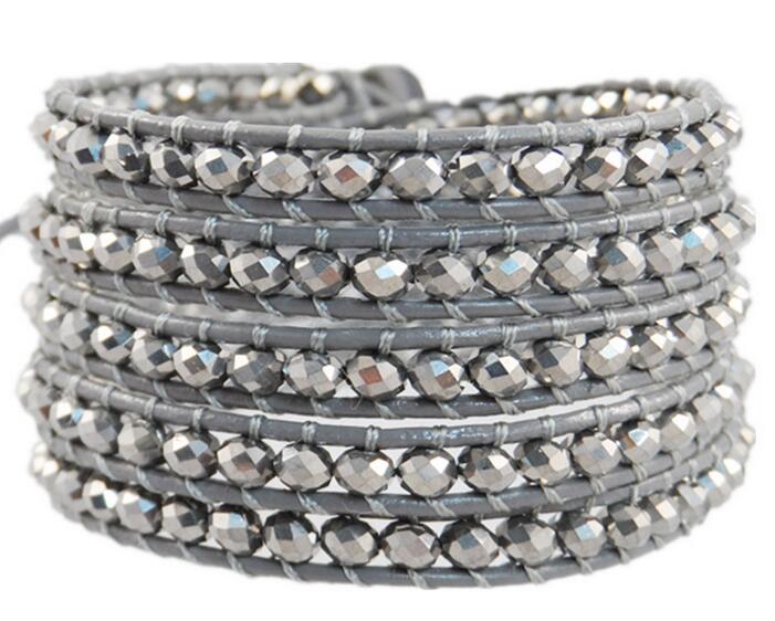Wholesale grey color bead 5 wrap leather bracelet