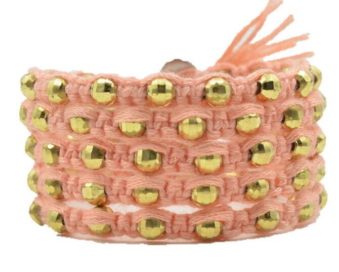 Wholesale gold color bead on pink color rope wrap bracelet