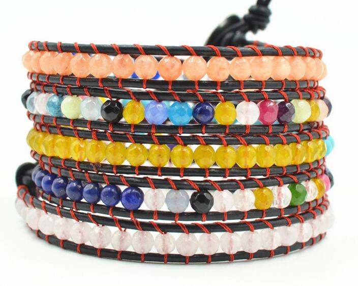 Wholesale colorful color stone 5 wrap leather bracelet