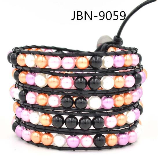 Wholesale colorful color pearl 5 wrap leather bracelet