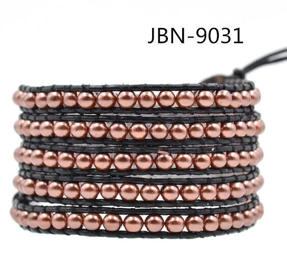 Wholesale color diy pearl 5 wrap leather bracelet