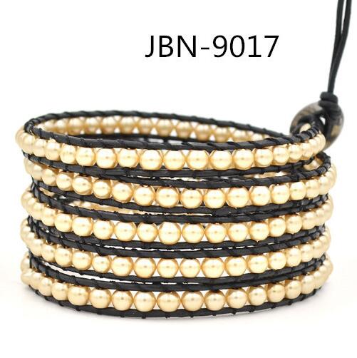 Wholesale cheap fashional beige color pearl 5 wrap leather bracelet