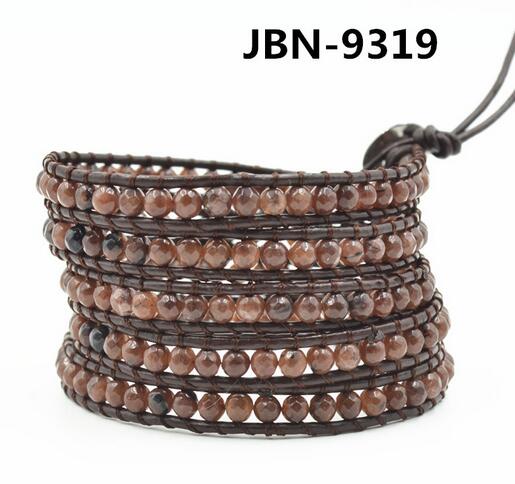 Wholesale brown stone 5 wrap leather bracelet