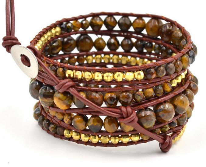 Wholesale brown color stone 5 wrap leather bracelet