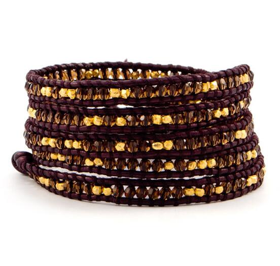 Wholesale brown color stone 5 wrap leather bracelet