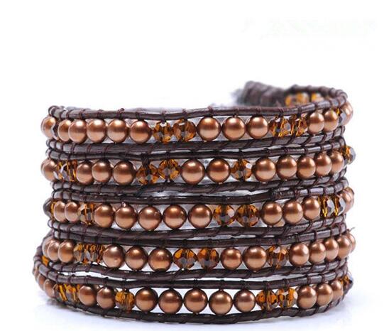 Wholesale brown color pearl 5 wrap leather bracelet