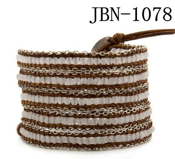 Wholesale brown color crystal 5 wrap leather bracelet on tin chain