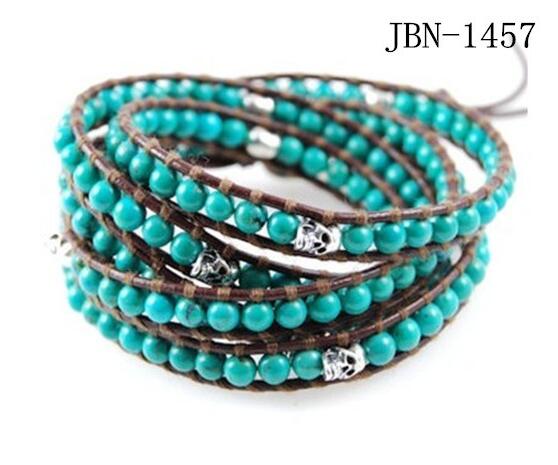 Wholesale blue turquoise with skeleton 5 wrap leather bracelet