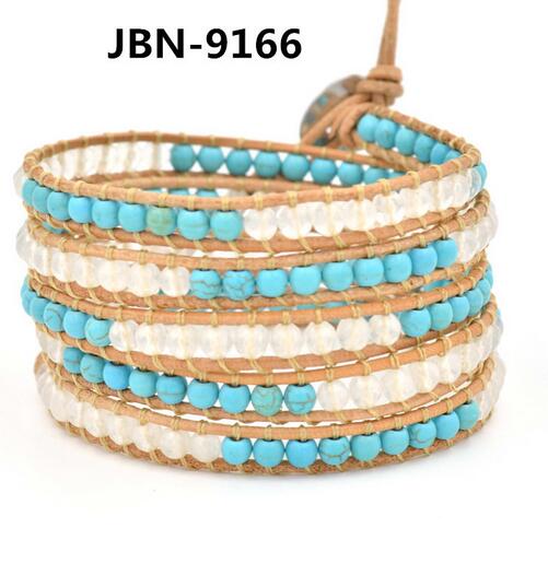 Wholesale blue turquoise and white stone 5 wrap leather bracelet