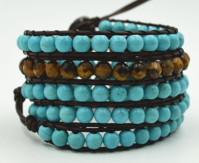 Wholesale blue color turquoise and stone 5 wrap leather bracelet