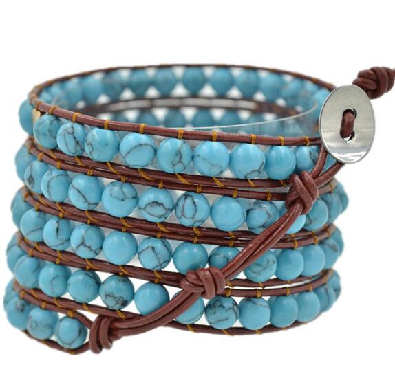 Wholesale blue color turquoise 5 wrap leather bracelet 