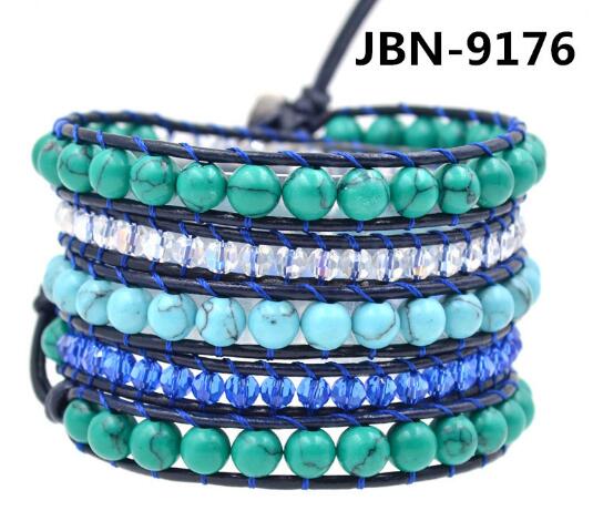 Wholesale blue color turquoise 5 wrap leather bracelet