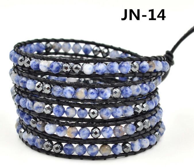 Wholesale blue color stone 5 wrap leather bracelet