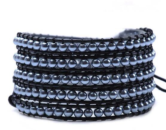 Wholesale blue color pearl 5 wrap leather bracelet