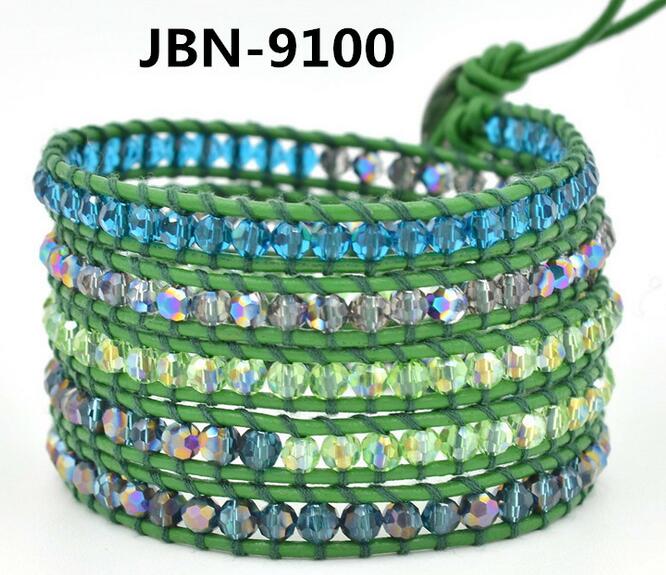 Wholesale blue color crystal 5 wrap leather bracelet 