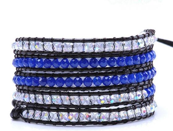 Wholesale blue color carnelian and white color 5 wrap leather bracelet