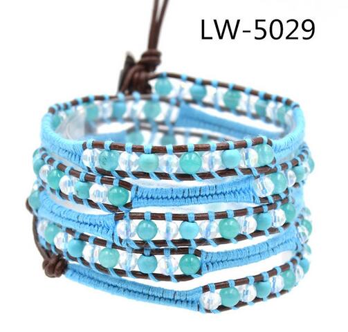 Wholesale blue and white color crystal 5 wrap leather bracelet