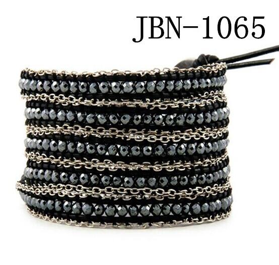 Wholesale black crystal 5 wrap leather bracelet on tin chain