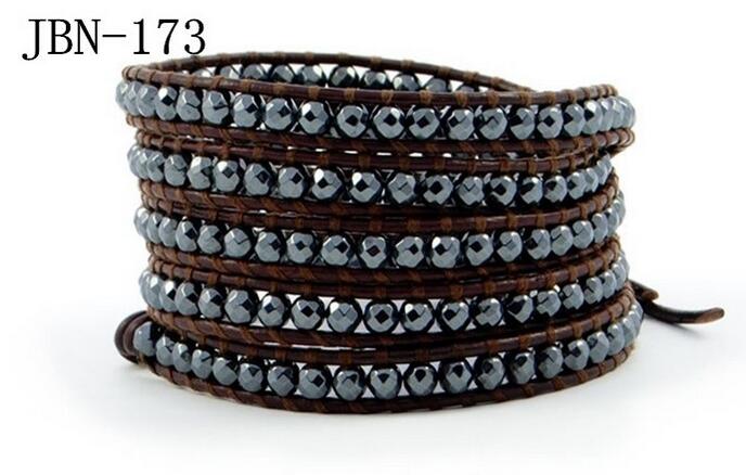 Wholesale black color stone 5 wrap leather bracelet