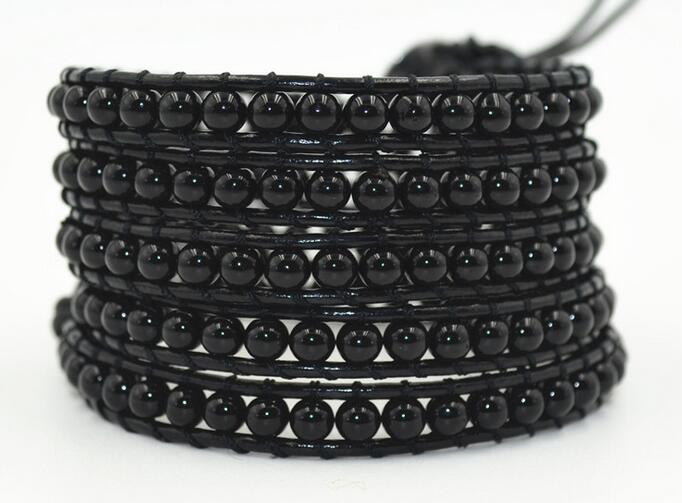 Wholesale black color carnelian 5 wrap leather bracelet 