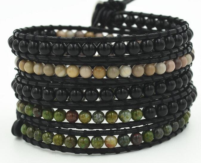 Wholesale black color and stone 5 wrap leather bracelet
