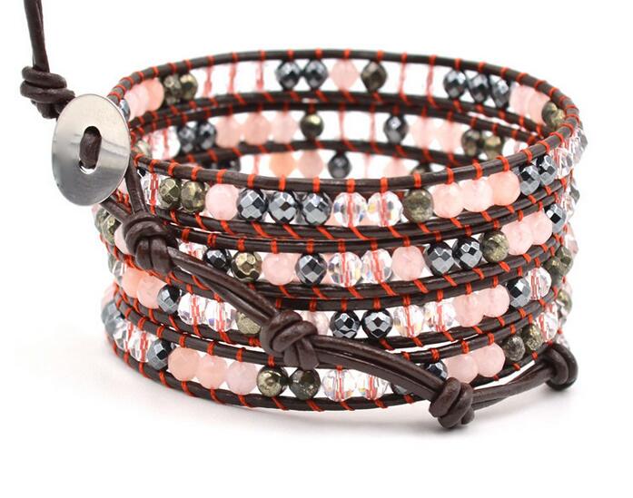 Wholesale black and pink color crystal 5 wrap leather bracelet