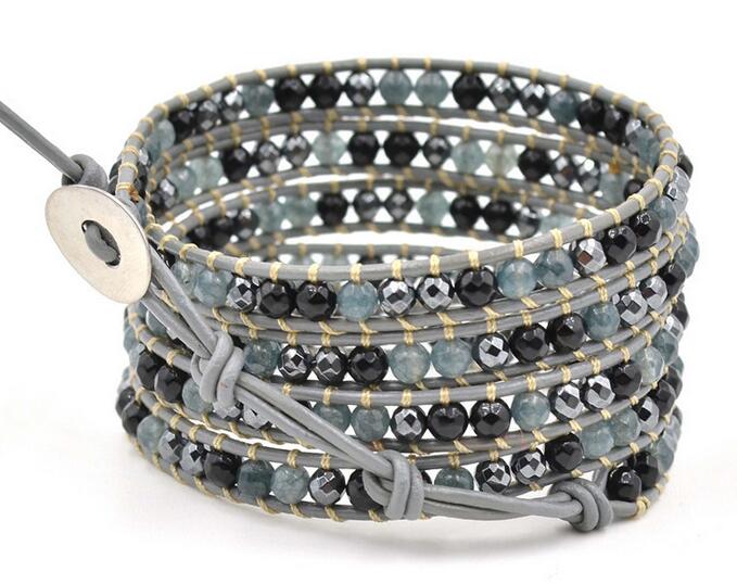 Wholesale black and grey color crystal 5 wrap leather bracelet