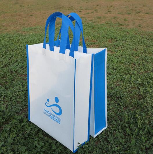 Wholesale white color non woven bag with blue handle