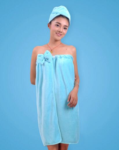 Good quality coral fleece bathrobe skirt with hood or shower cap for woman